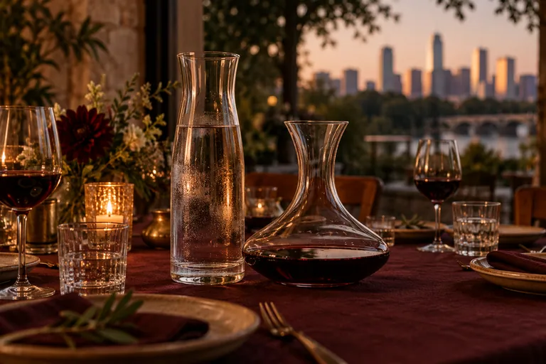Complementary bistro water carafe and decanter arranged for dining room service.
