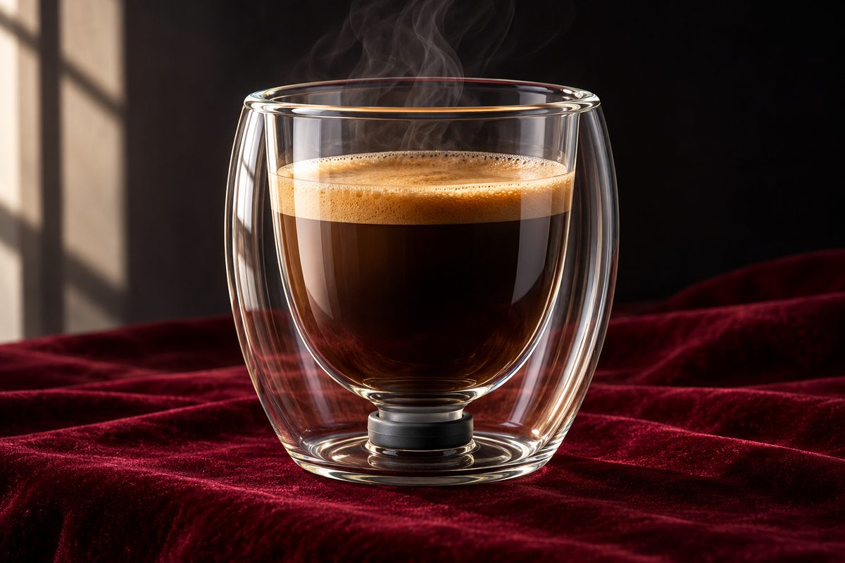 Double-walled insulating borosilicate tumbler for hot and cold beverages.