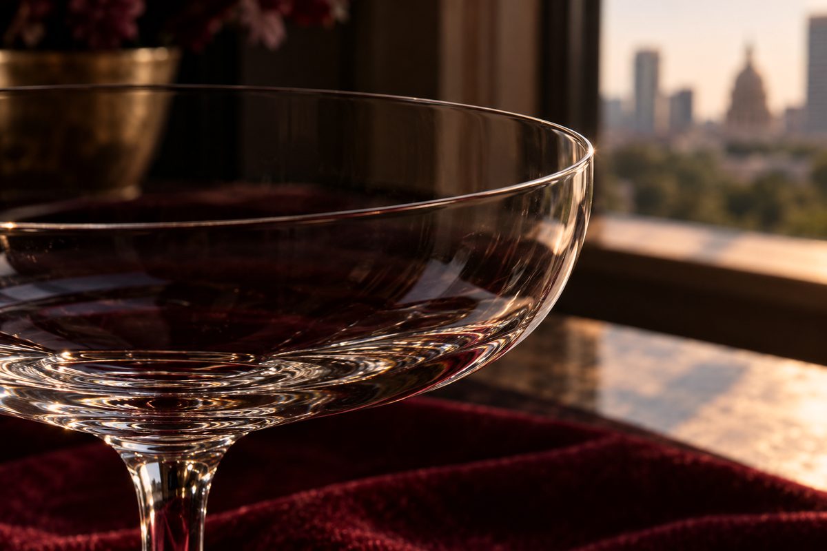 Close-up macro detail of a beadless fire-polished wine glass rim.