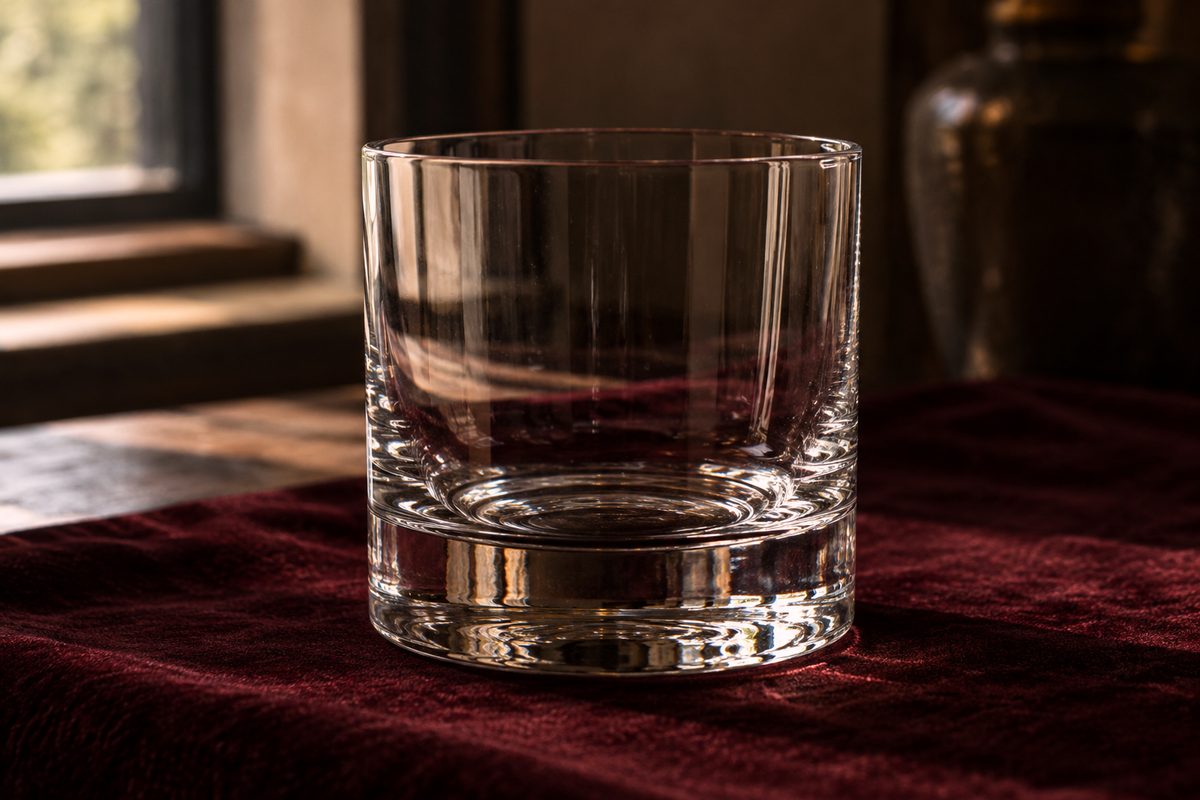 Macro photograph of a seamless pulled stem junction on a clear wine goblet.