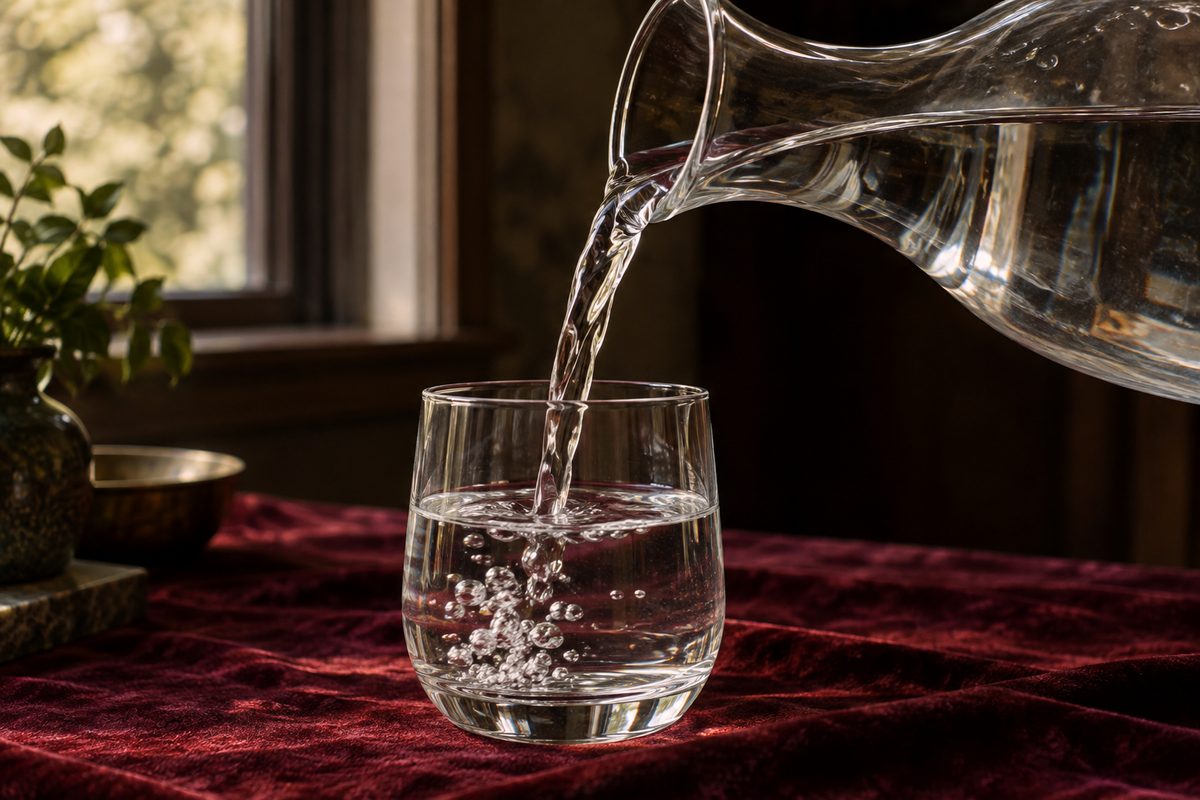 Pouring test demonstrating drip-free spout performance on a glass carafe.